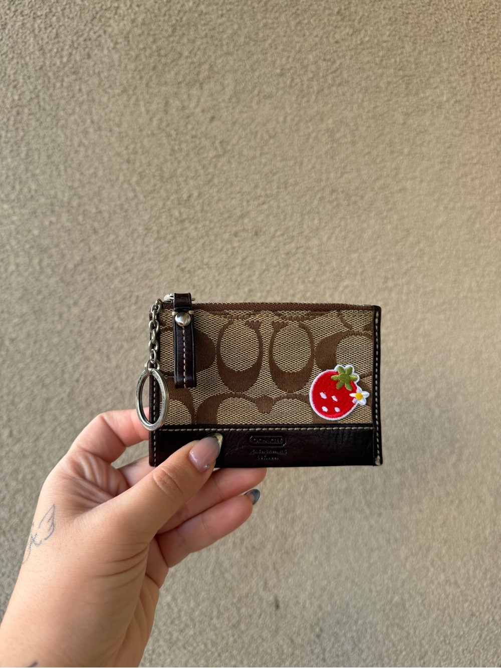 Coach Brown Signature Canvas Card Holder with Strawberry Patch and Keyring